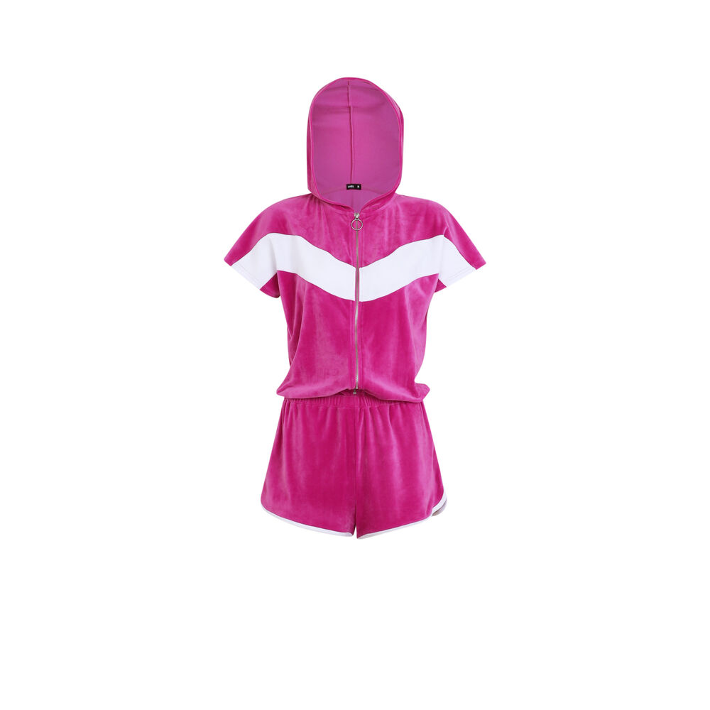 Zipped velour playsuit with hood - pink pink.