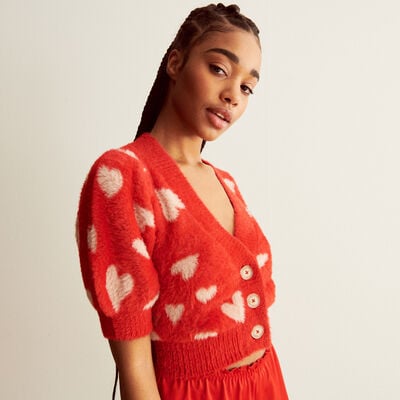 crop cardigan gilet with heart patterns - red;
