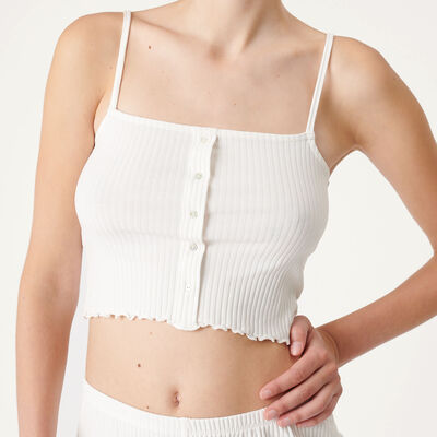 spaghetti strap top with false buttons;