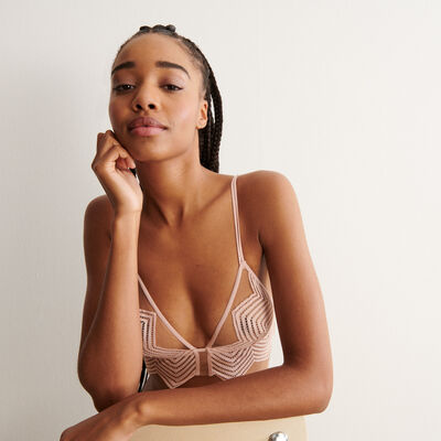 non-wired lace and striped tulle triangle bustier bra - pale pink;