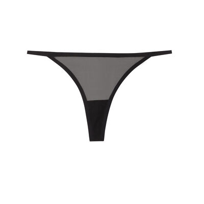 microfibre and sheer tulle thong - black;