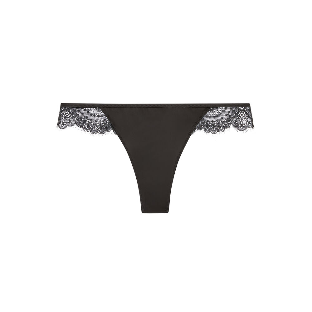 Satin and lace thong - black black.