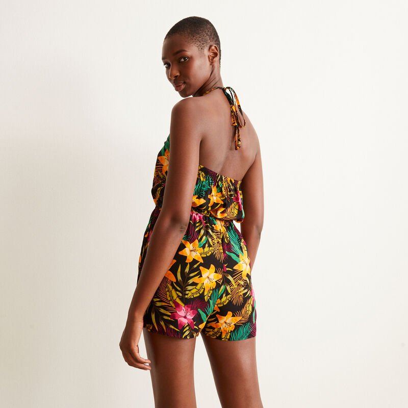 Tiaré flower print playsuit with ring detail - black Tiaré flower print playsuit with ring detail - black;