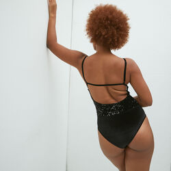 Sequinned bodysuit with smooth velvet lower torso;