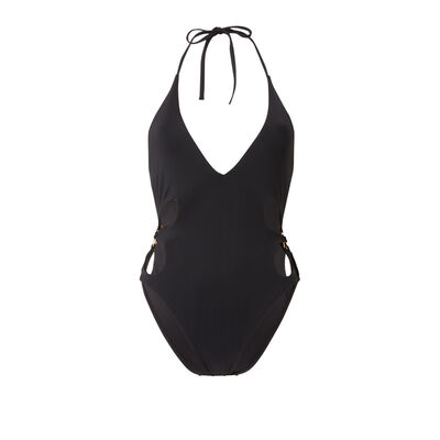 plain one-piece swimsuit with floral details - black;