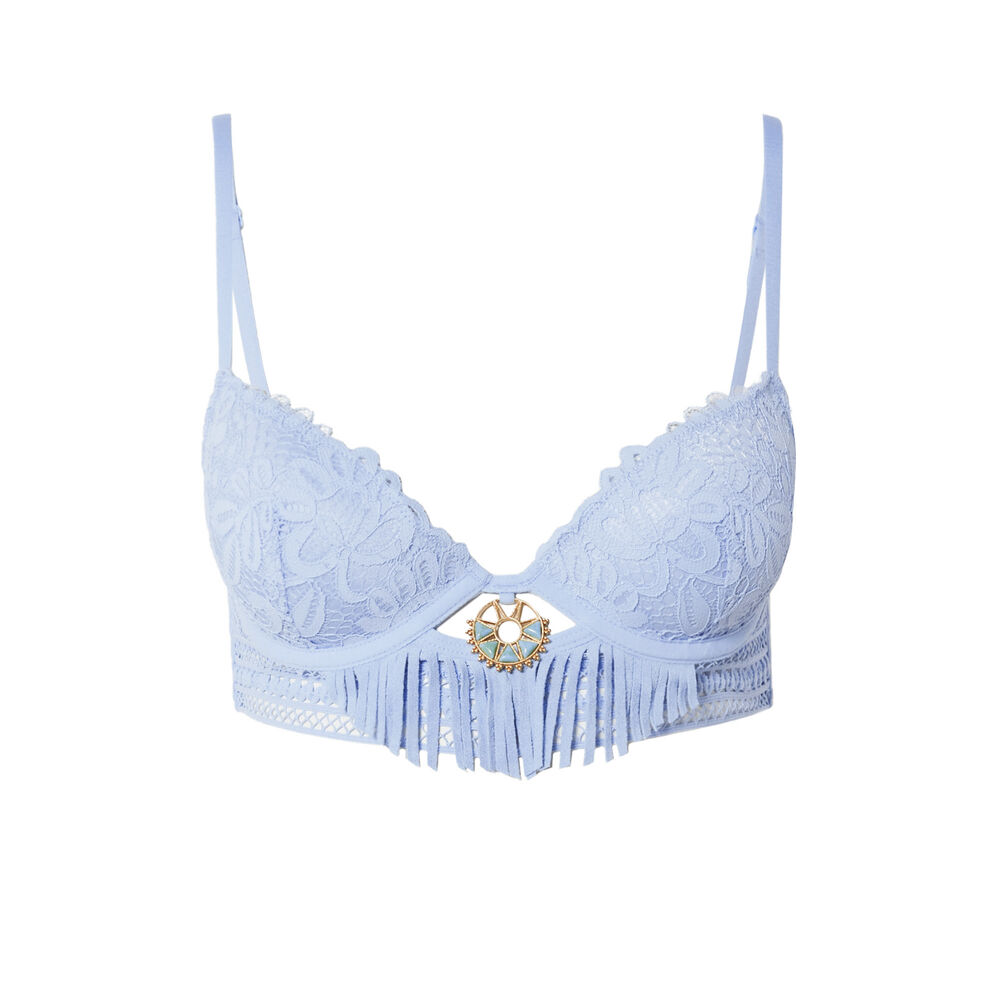 Push-up bra bikini top with aztec lace and fringe - blue blue.