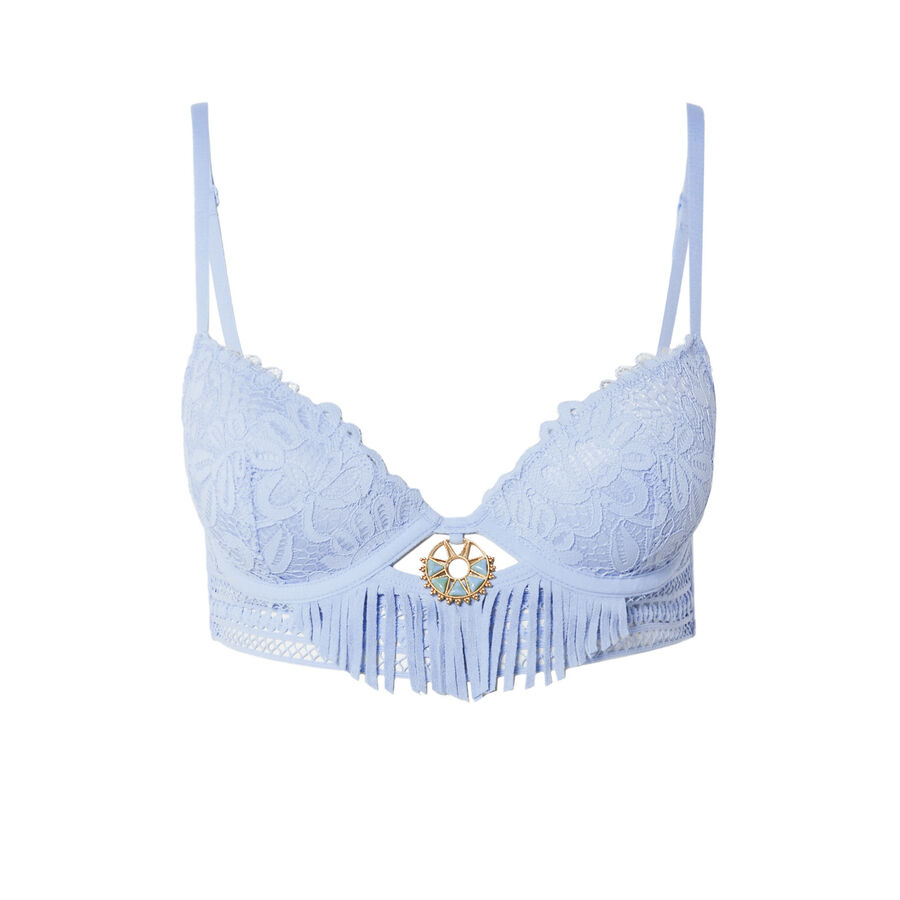 push-up bra bikini top with Aztec lace and fringe - blue;