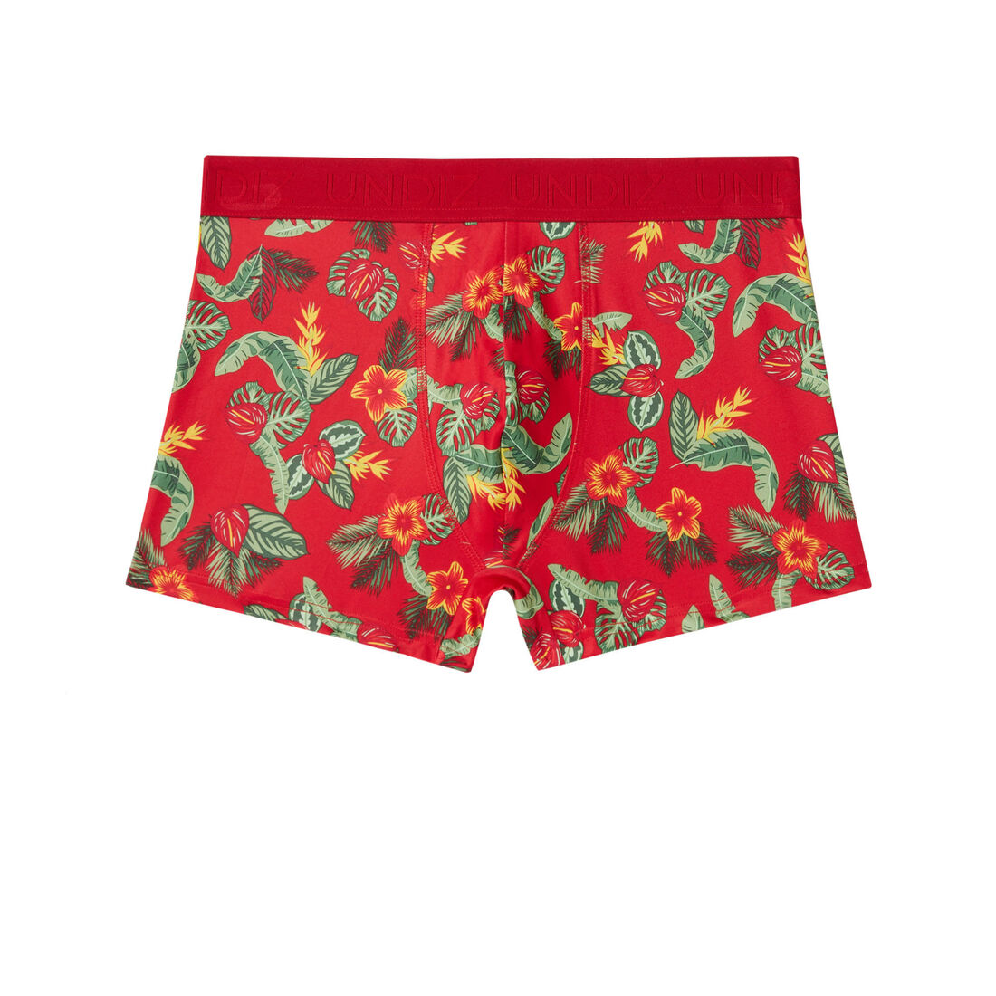 bokserki w tropikalne kwiatki — kolor czerwony;