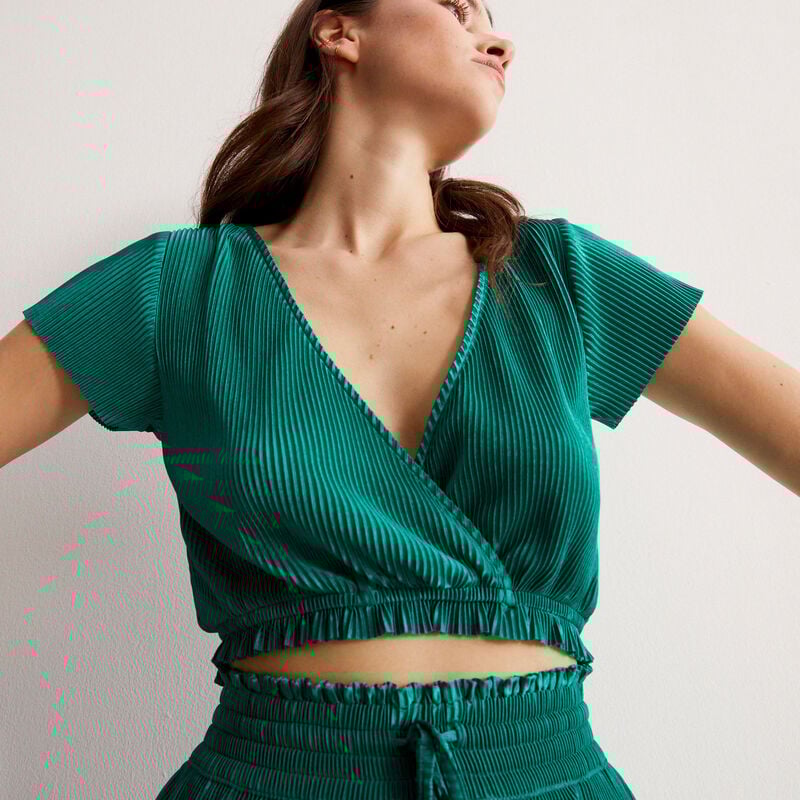 short-sleeved wrapover pleated top - green short-sleeved wrapover pleated top - green;