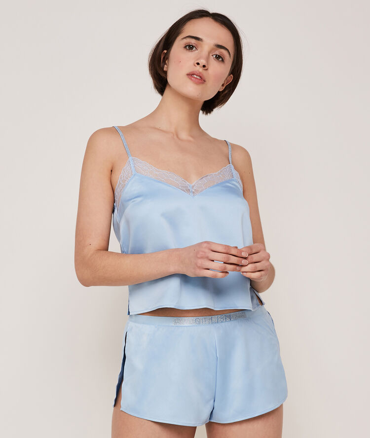 Blingbabiz top with thin satin straps blue.