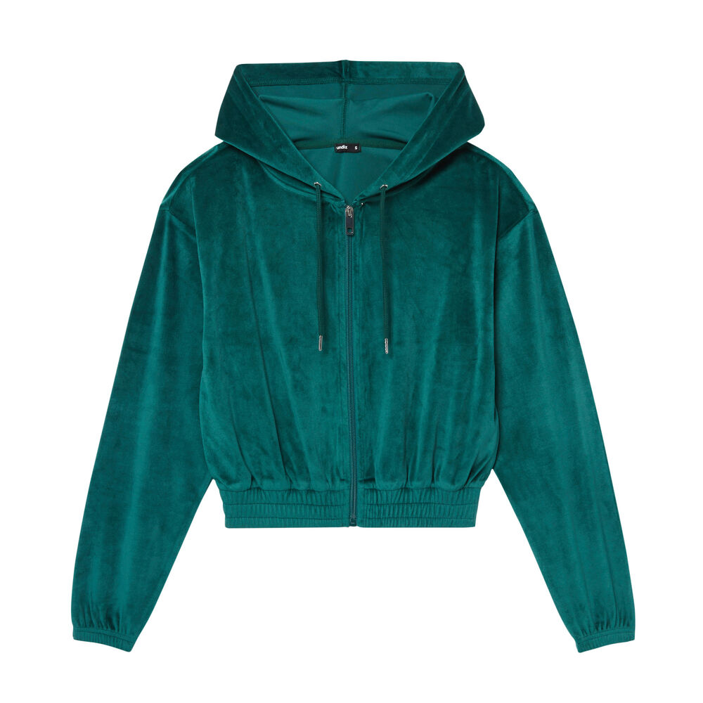 Velvet cropped jacket with an elasticated waist - fir green.