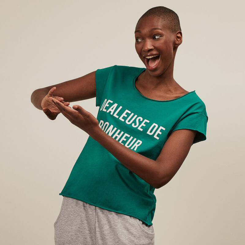Short-sleeved top with slogan - green Short-sleeved top with slogan - green;