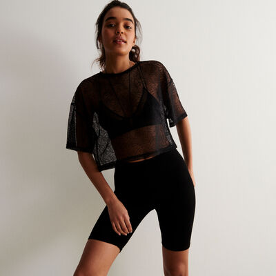 sheer tee with foliage pattern - black;