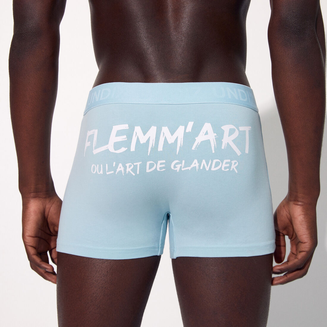boxer shorts with the message "flemm'art ou l'art de glander";