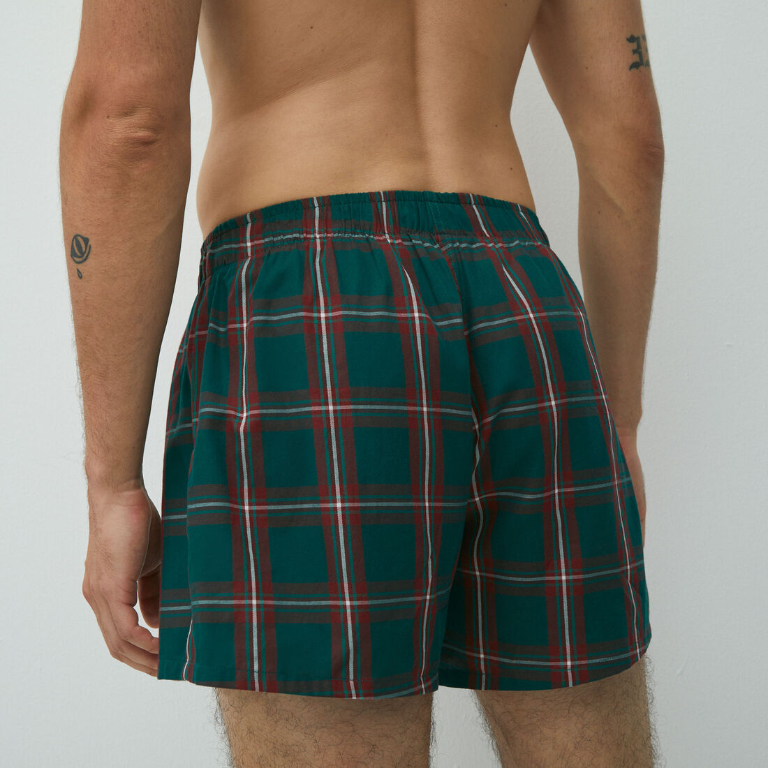 plaid boxer shorts;