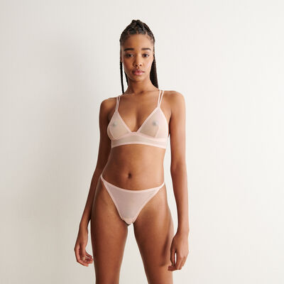 non-wired sheer tulle triangle bra with crossover straps - pale pink;