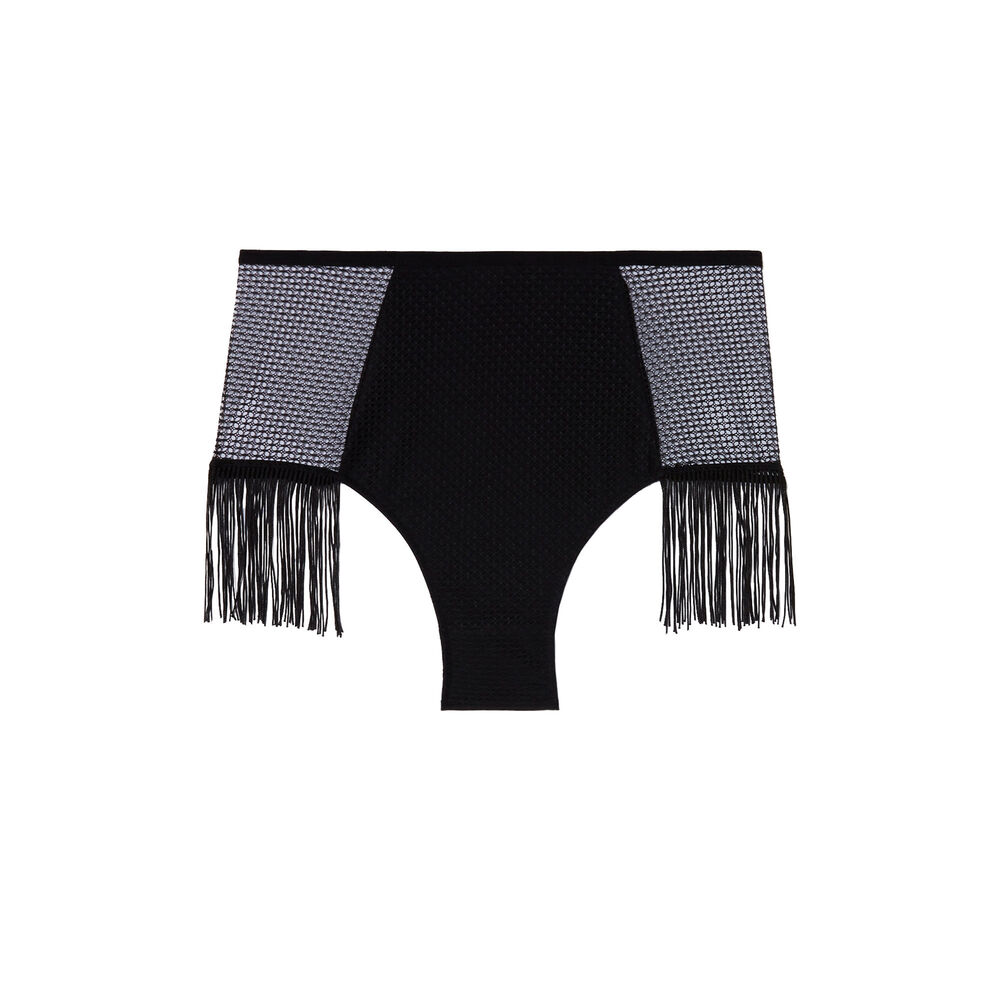 High-waisted fringed openwork lace briefs - black black.