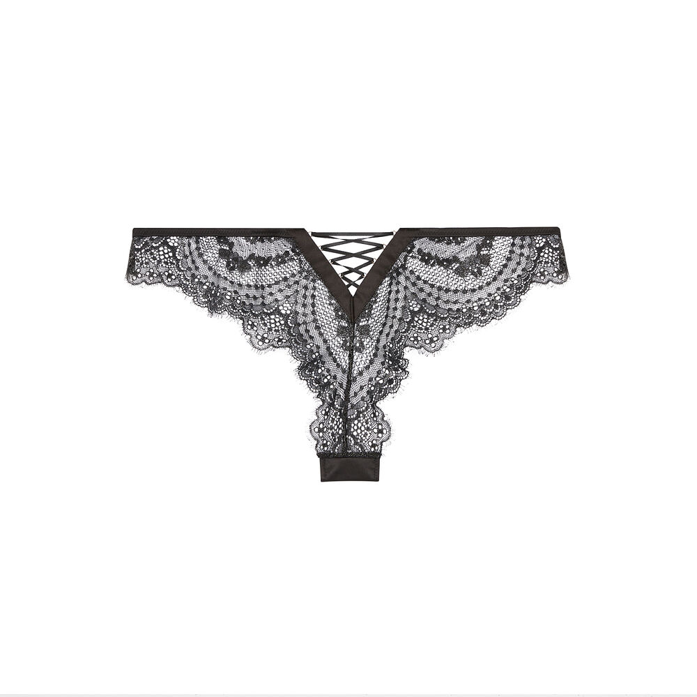 Satin and lace thong - black black.