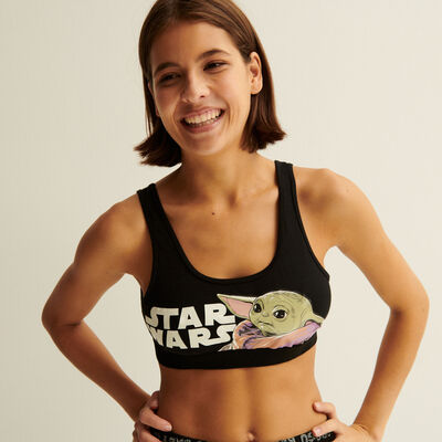Non-wired bra with baby yoda print - black;