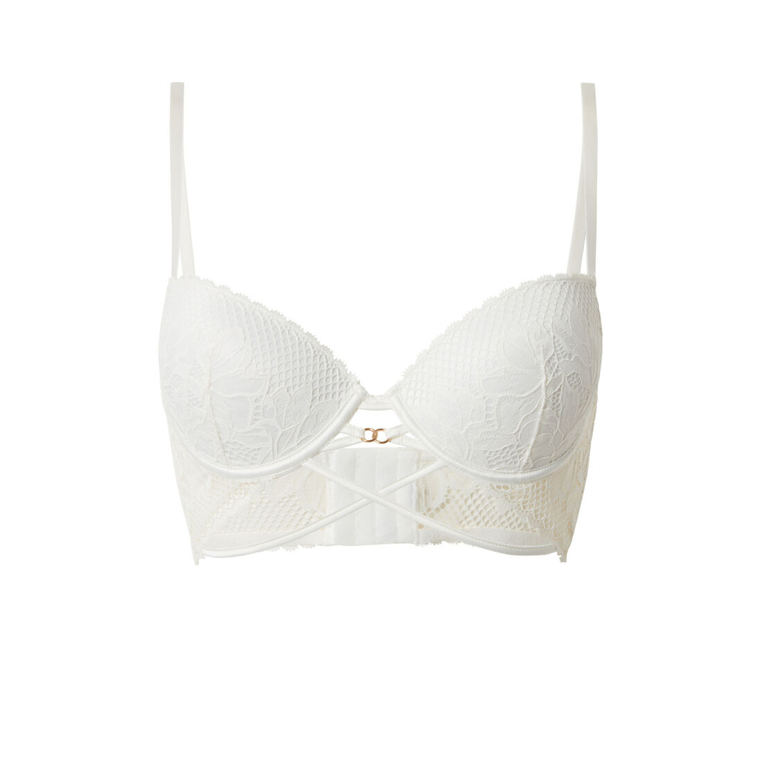 lace push-up bustier bra with ties and ring details - ecru;