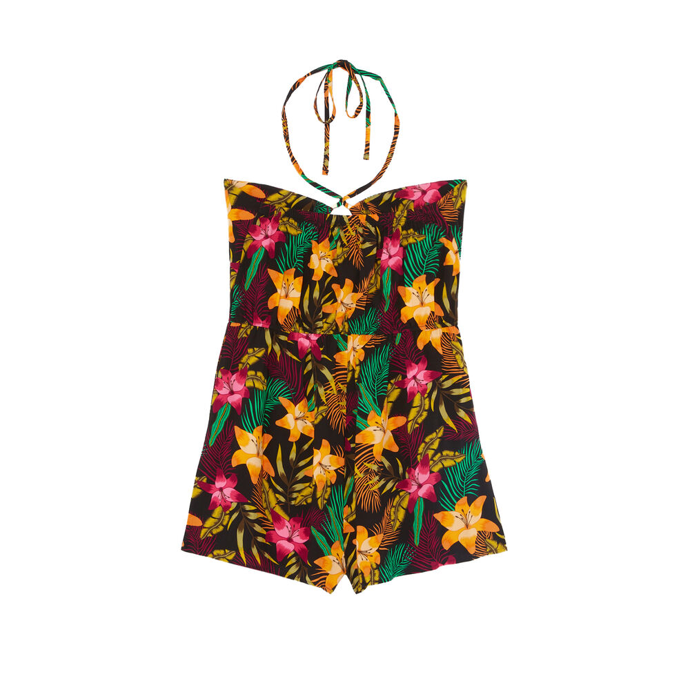 Tiaré flower print playsuit with ring detail - black black.