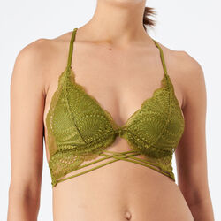 non-wired triangle bra with ties and charm detail
