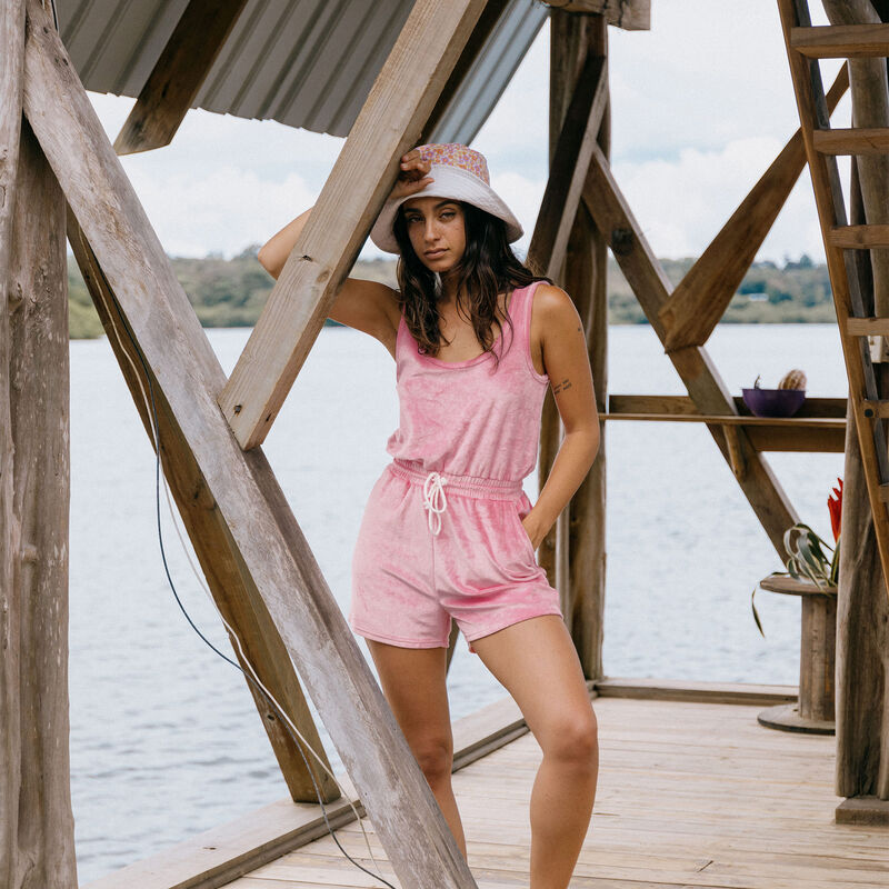 Velvet and terry cloth playsuit with drawstring - pink Velvet and terry cloth playsuit with drawstring - pink;