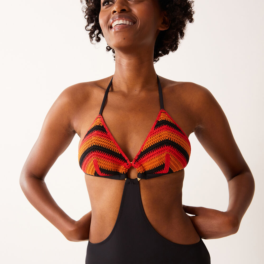 One piece swimsuit with embroidered effect and ring detail - black black.
