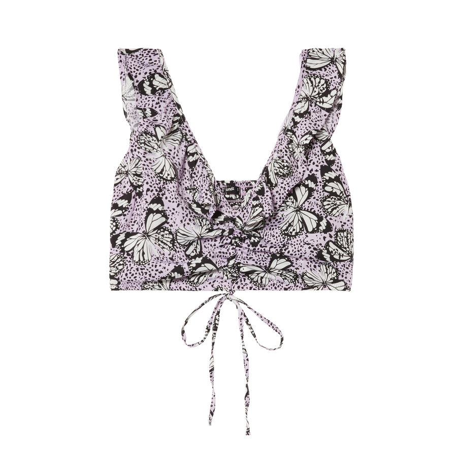 crop top with ruffled shoulders and butterfly design - lilac;