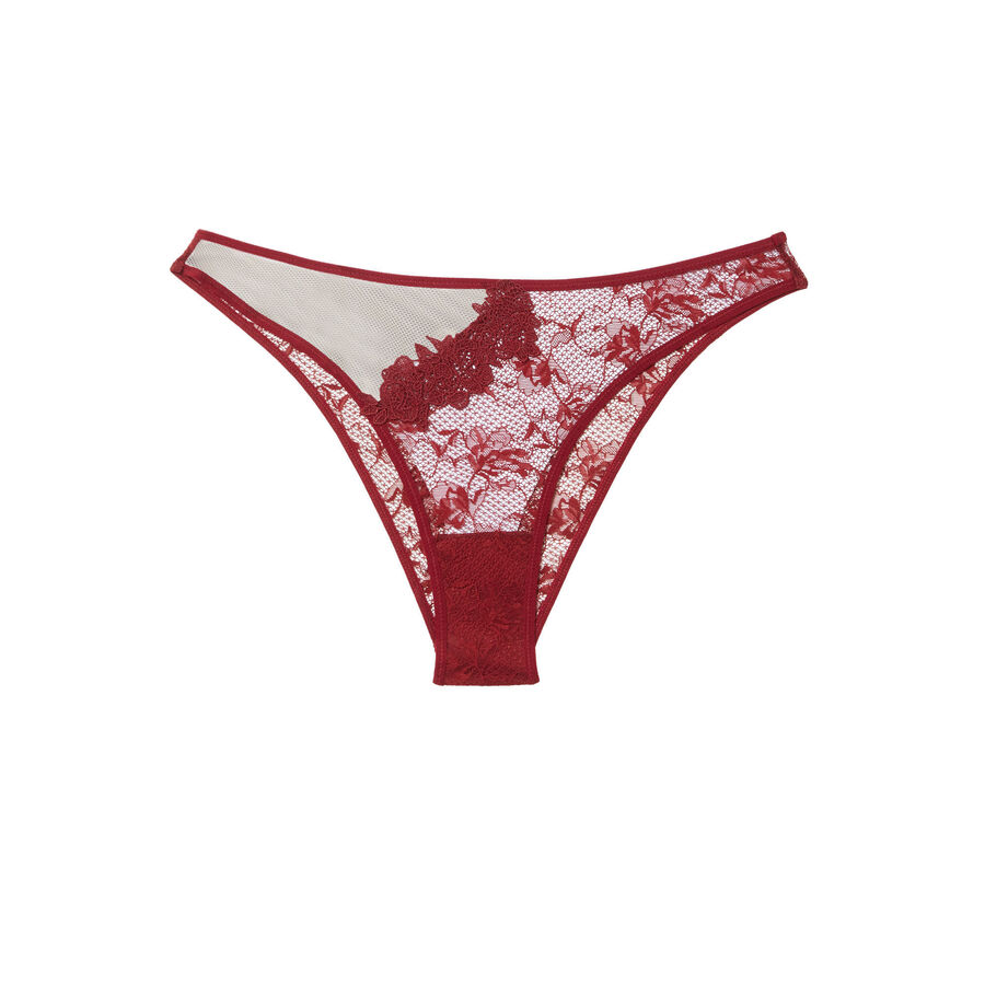 mesh and crossover guipure tanga briefs - burgundy;