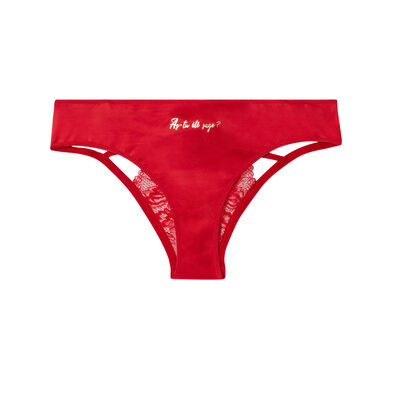 satin and lace briefs with slogan and bows - red;