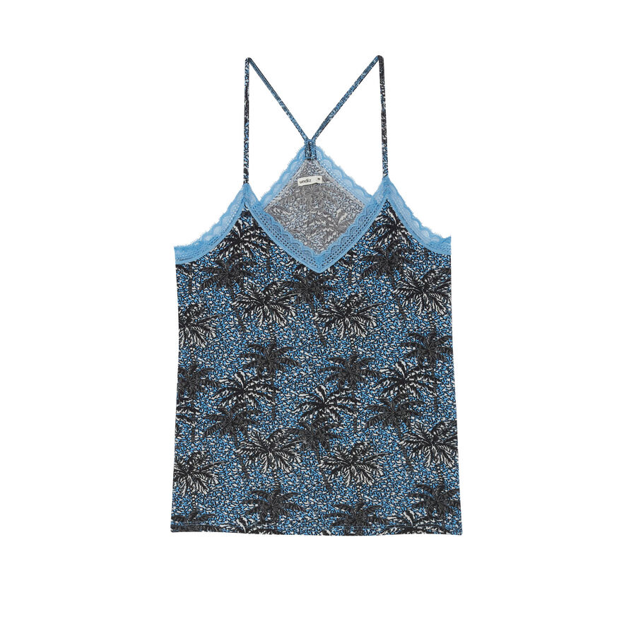 jersey top with spaghetti straps and palm tree patterns- blue;
