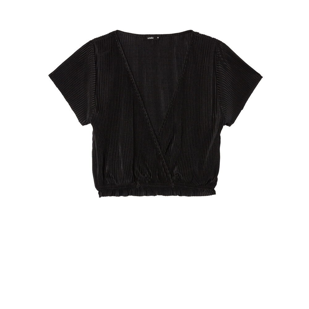 Short-sleeved wrapover pleated top - black black.