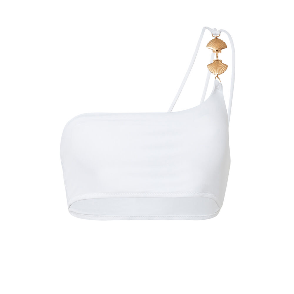 Asymmetric bikini top with shell jewel strap - white white.