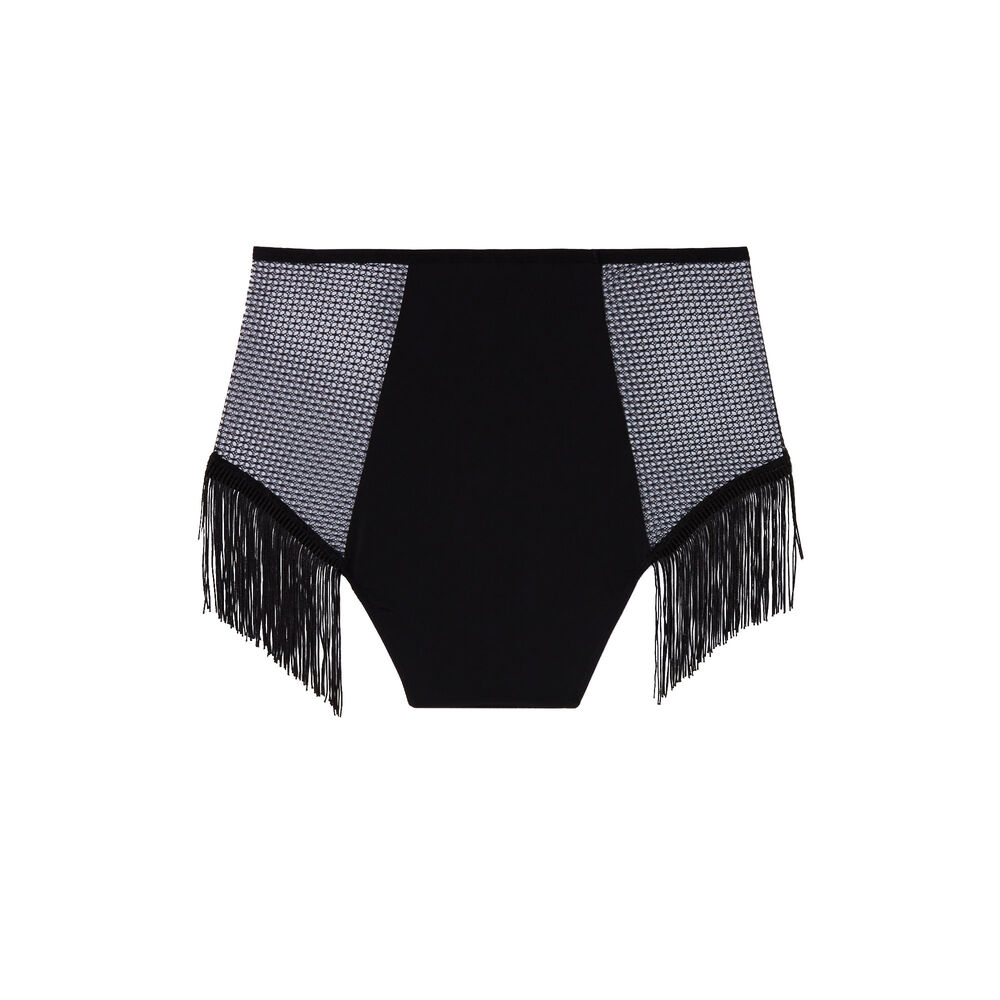 High-waisted fringed openwork lace briefs - black black.