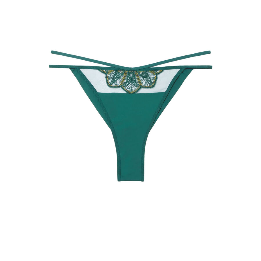 mesh and guipure tanga briefs with straps - fir green;