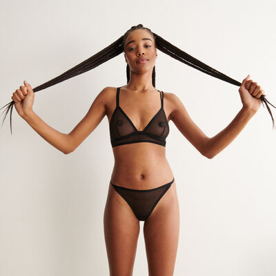 non-wired sheer tulle triangle bra with crossover straps - black;