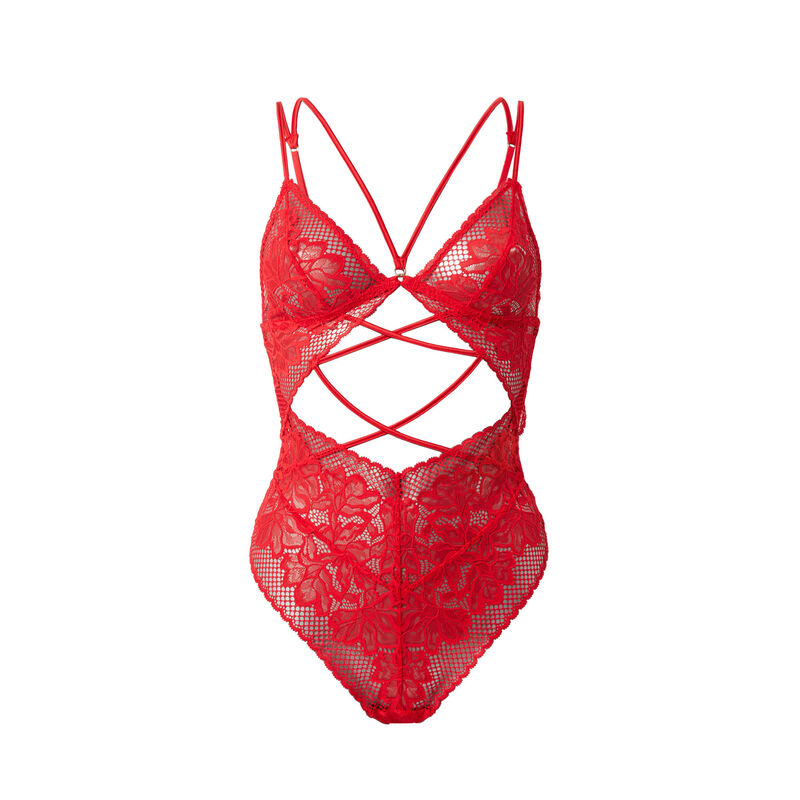 open lace bodysuit with ties and ring details without underwiring - red;