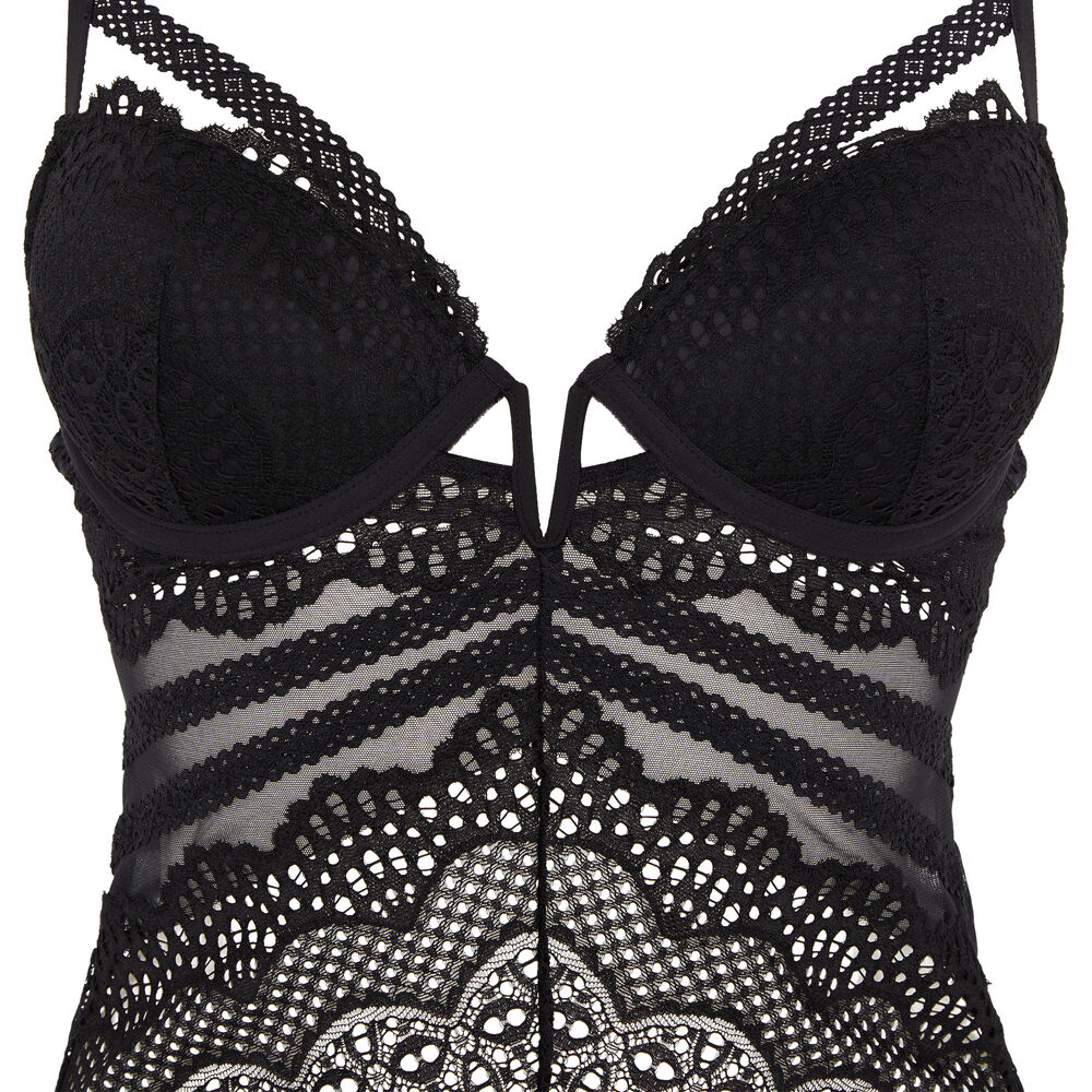 Lace push-up bodysuit with straps - black black.
