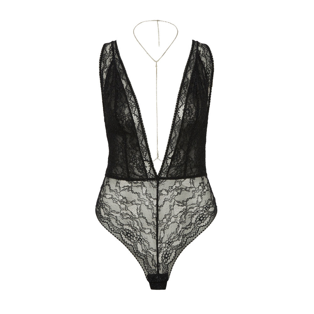 All lace bodysuit with body chain details - black black.