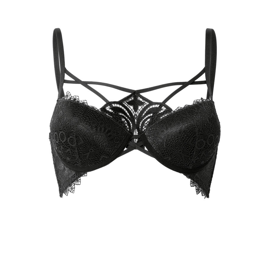 padded bra with ties and guipure at the neck - black;