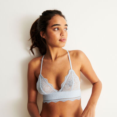 non-wired triangle bra with gold chain detail - sky blue;