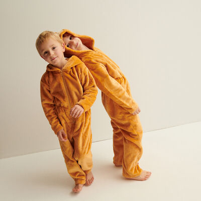kids fleece playsuit with nala hood - beige;