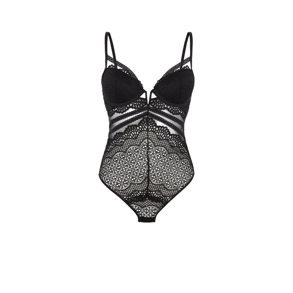 Lace push-up bodysuit with straps - black black.