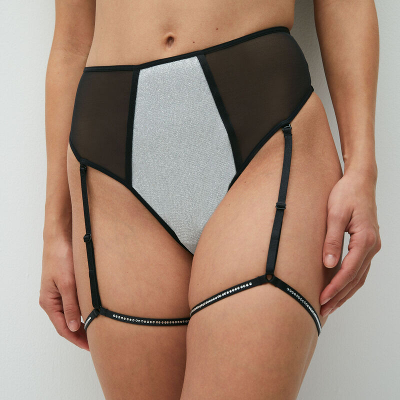 high-waist glittery thong with diamanté suspender belt;