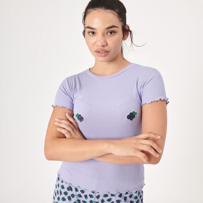 blueberry patterned top;