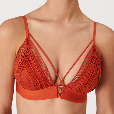 non-wired triangle bra with lacing - terracotta;