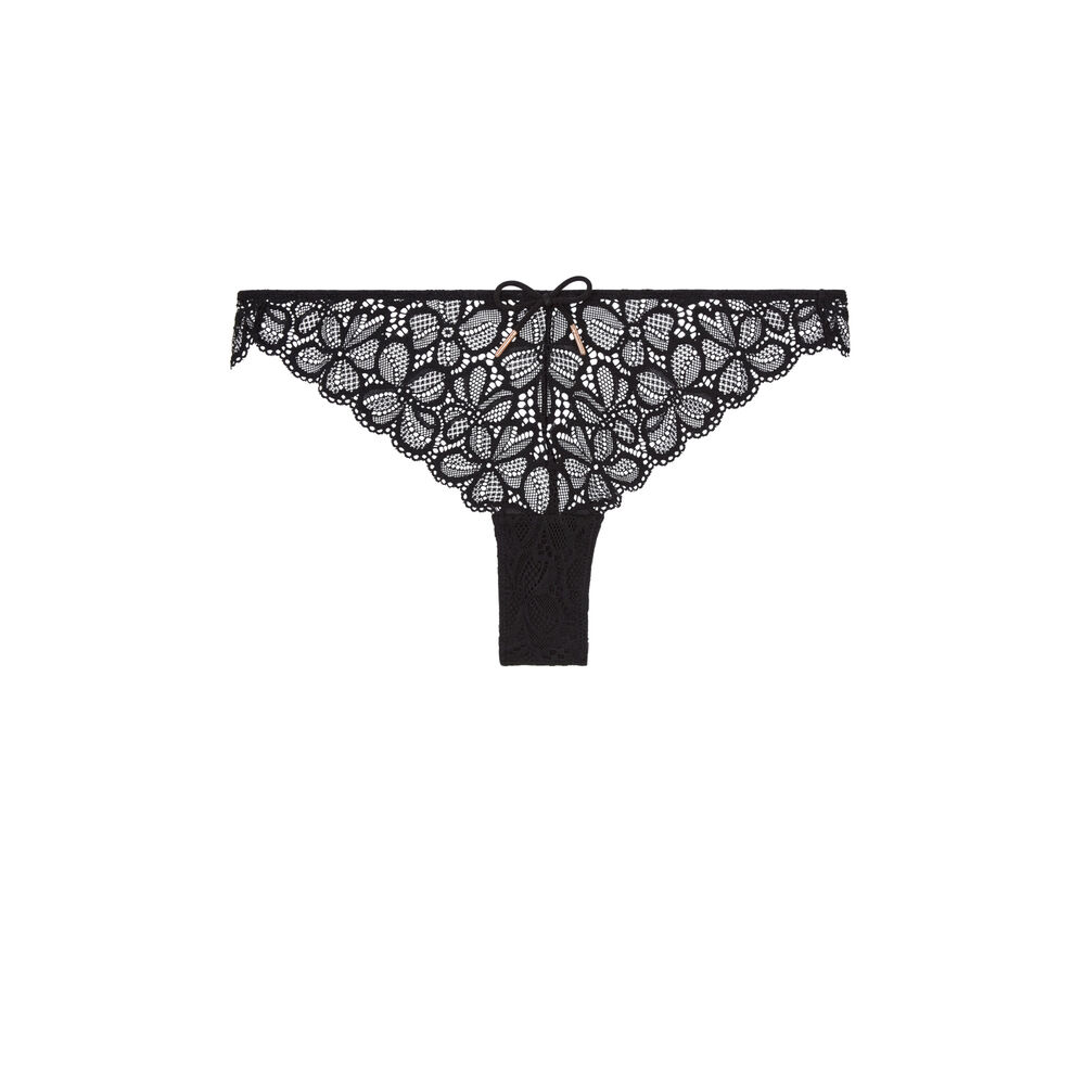 Tanga en dentelle détail nœud - noir noir.