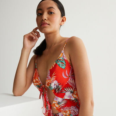 cut-out tropical print playsuit with tie - red;