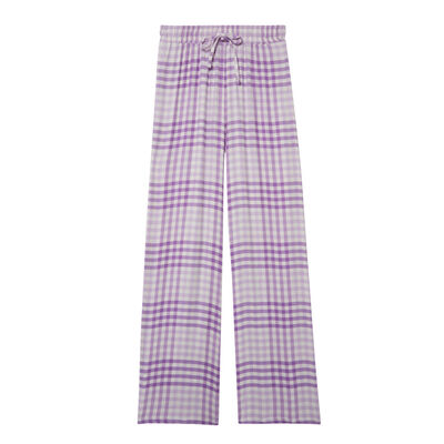 szerokie spodnie w kratę z marszczeniem i wiązaniem w talii — fioletowe;